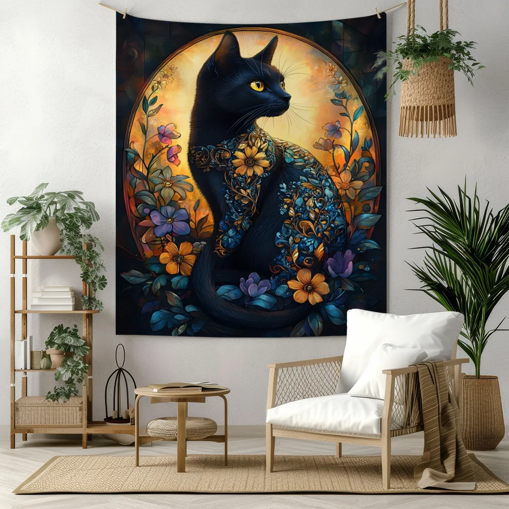 Black Cat Throw Blanket Kitty Surrounded By Colorful Wildflowers Vintage Botanical Garden Art Decor for Bedroom Couch Blanket