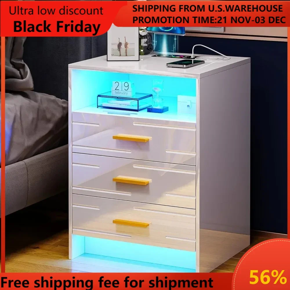 

RGB LED Nightstand with Wireless Charging Station, Smart Night Stand with Motion Sensor Lights, High Gloss White Nightstan