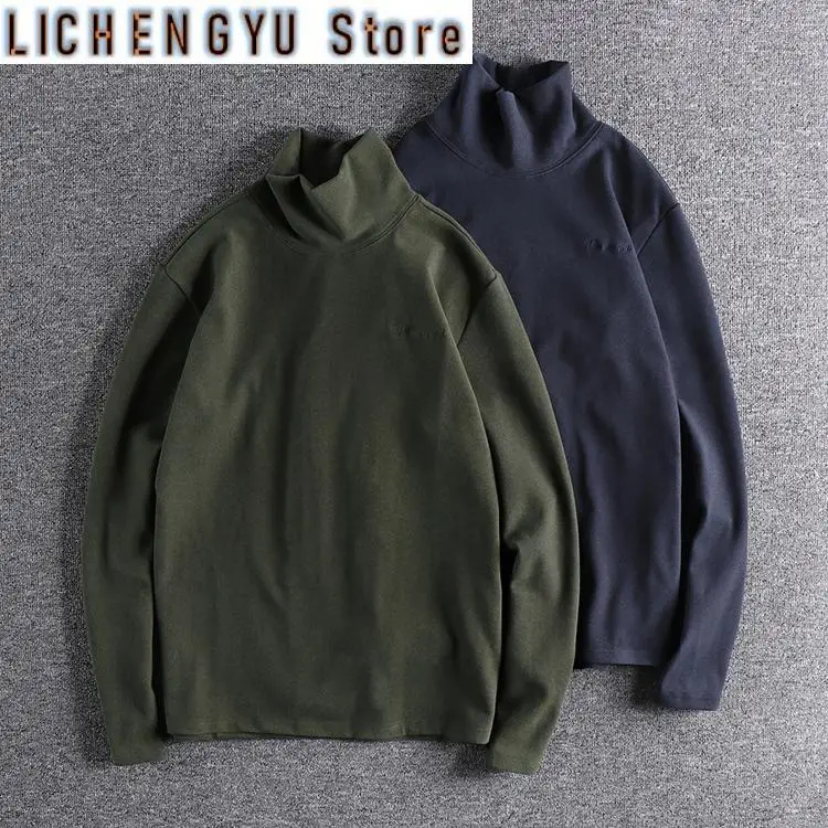 

Autumn Winter American Retro Long Sleeve Turtleneck Thick Double Side Velvet Embroidery T-Shirt Men's Simple Casual Sweater Tops
