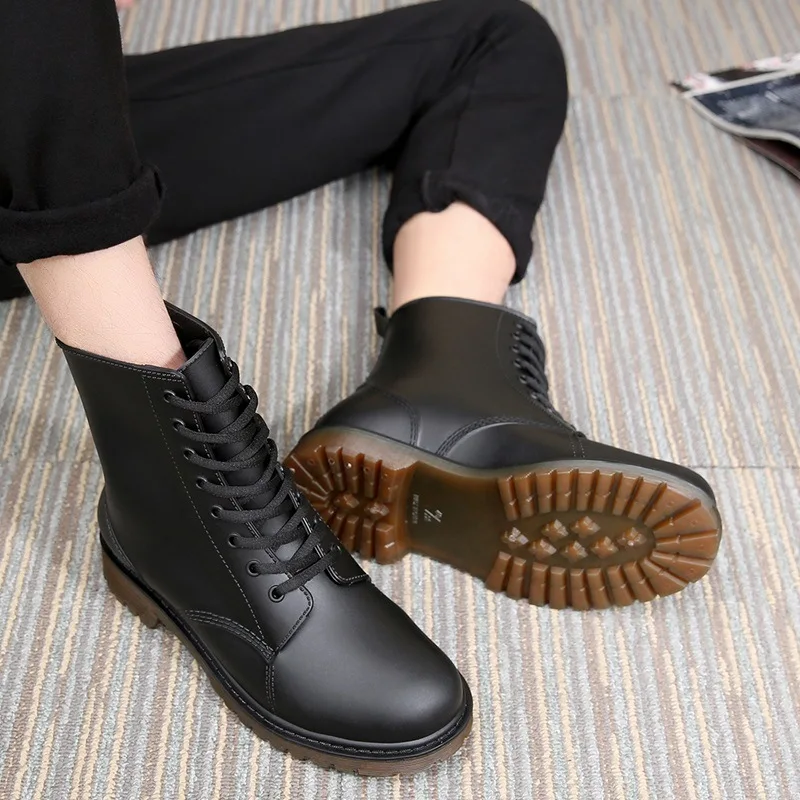 

2023 Women Hot Ankle Rain Boots Lace-up Waterproof Wellies Boots Men Non-slip Motorcycle Rain Shoes