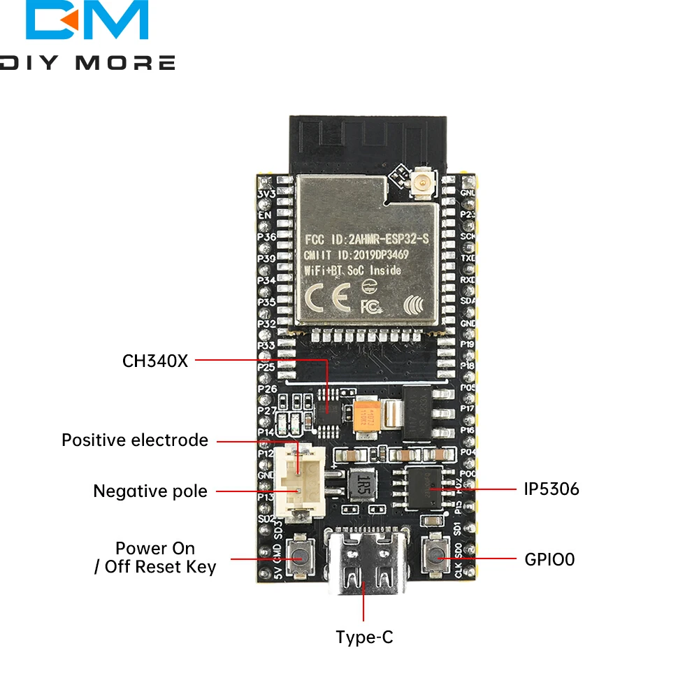 ESP32 Development Board Wifi Module with Battery Interface IPEX  ESP32-S module for DIY IoT CH340X with External Antenna