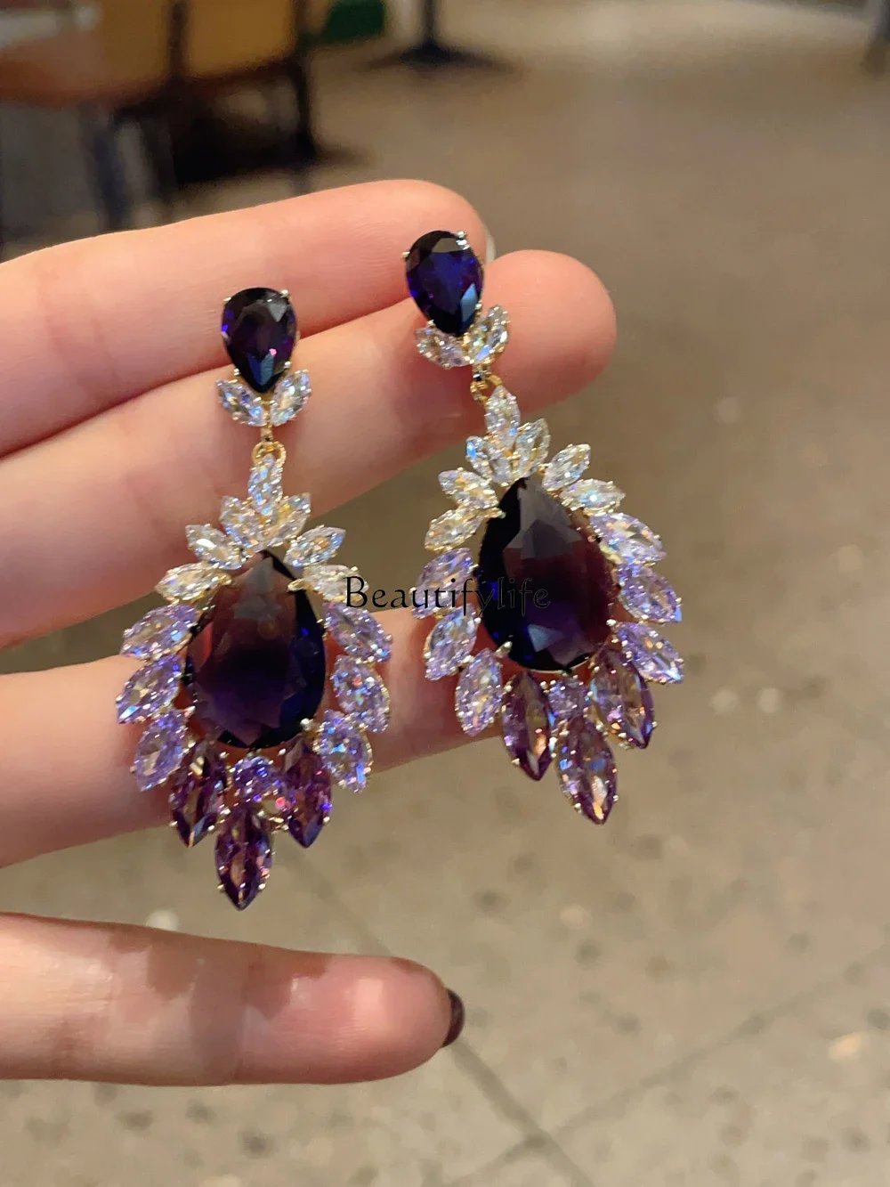 European and American fashion zircon gradual change purple water drop earrings super flash earrings