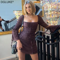 Layered Ruffle Lace Mini Dress Square Neck Flare Sleeve Vintage Prom Party Dress For Women Long Sleeve Backless Bodycon Dress