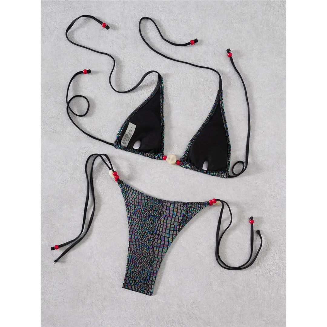 Schlangenhaut-Halter-Bikini, Damen-Badeanzug, zweiteiliges Bikini-Set, Damen-Badebekleidung, hoch geschnittene Beine, mit Trägern, Badeanzug, Schwimmbekleidung V7599 – Detail 4