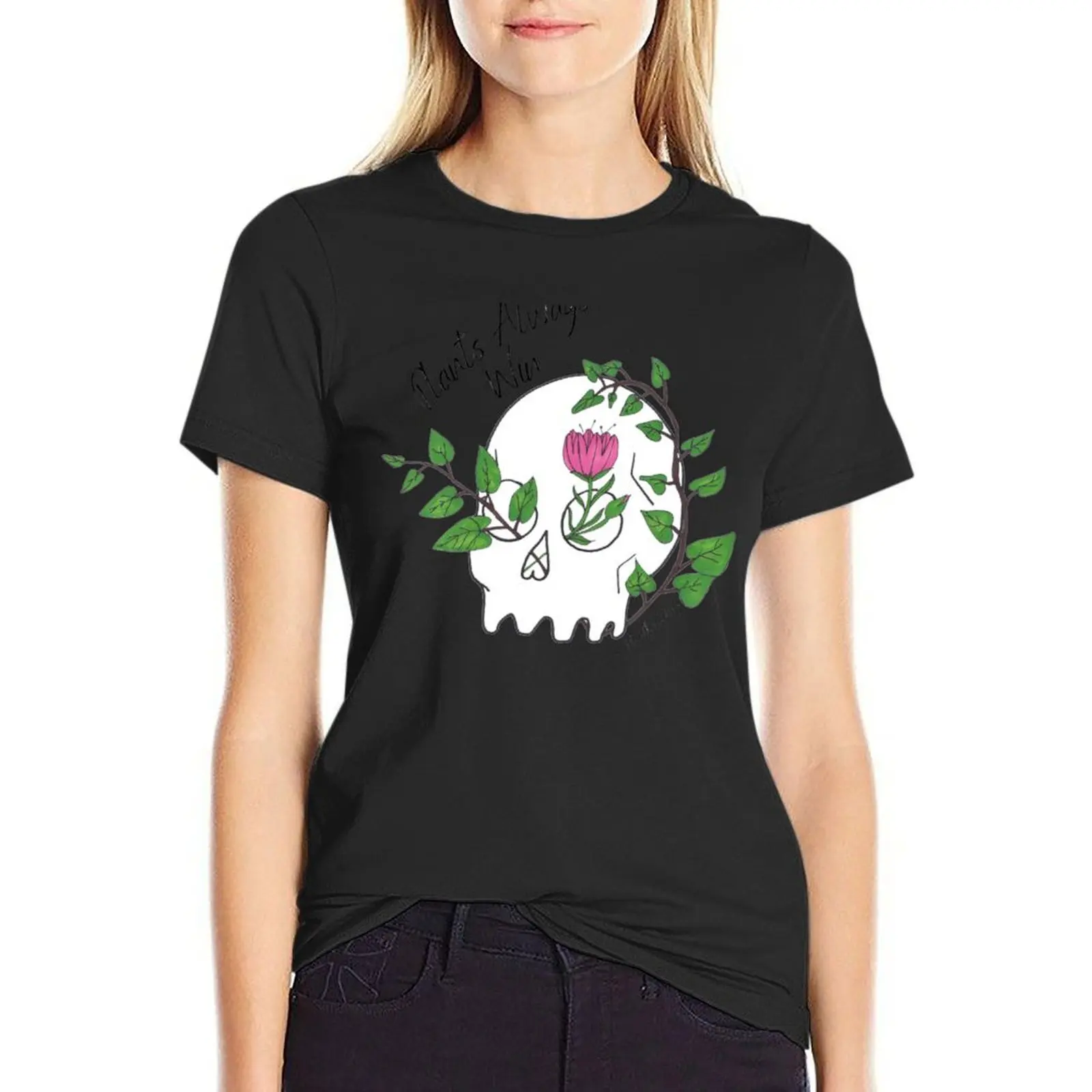 

Plants Always Win Skull Dark Text T-Shirt tees tops shirts graphic tees Women's tops