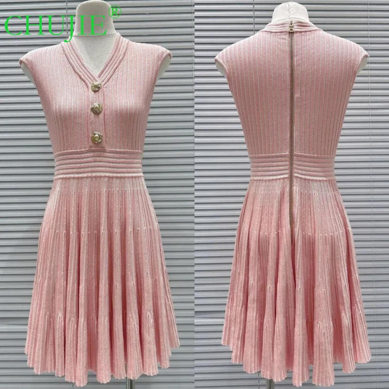 

【CHUJIE】2025 Autumn New French Vintage Style Heavy Duty Metal Buttons Waist Slimming Sleeveless V-Neck Knitted Dress