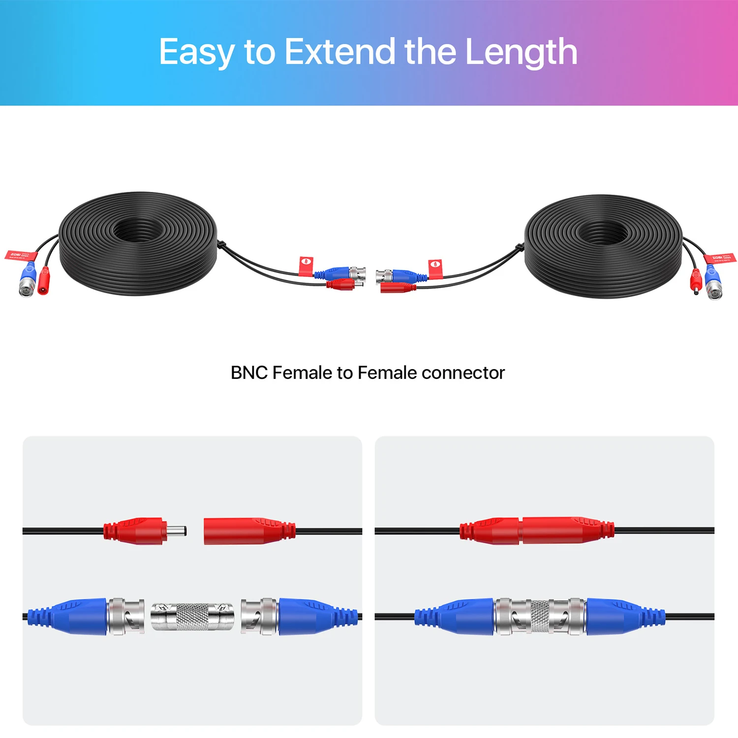 ZOSI-Câble d'alimentation BNC + DC pour caméra CCTV et système DVR, 4 paquets, 18m, 30m (60 pieds, 100 pieds), coaxial