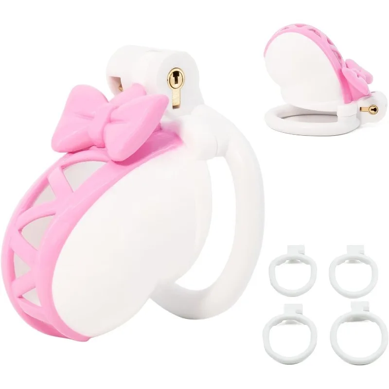 Men's Chastity Cage with Invisible Lock ABS Resin Cock Cage with 4 Size Carabiner Pink Bow Design Chastity Devices SM Sex Toys