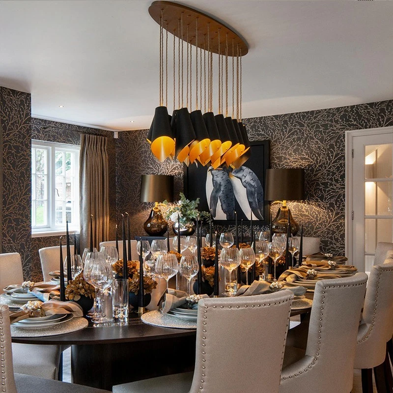 Modern Multi Drop Cone Chandelier Black  Gold Cascading Pendant Light Cluster Hanging Lamp for Dining Room Living Room