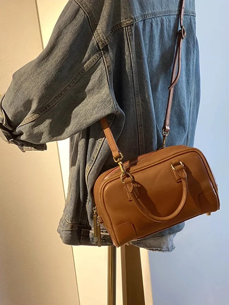 Retro fashion luxury first layer cowhide Women handbag outdoor work weekend party genuine leather black shoulder diagonal bag