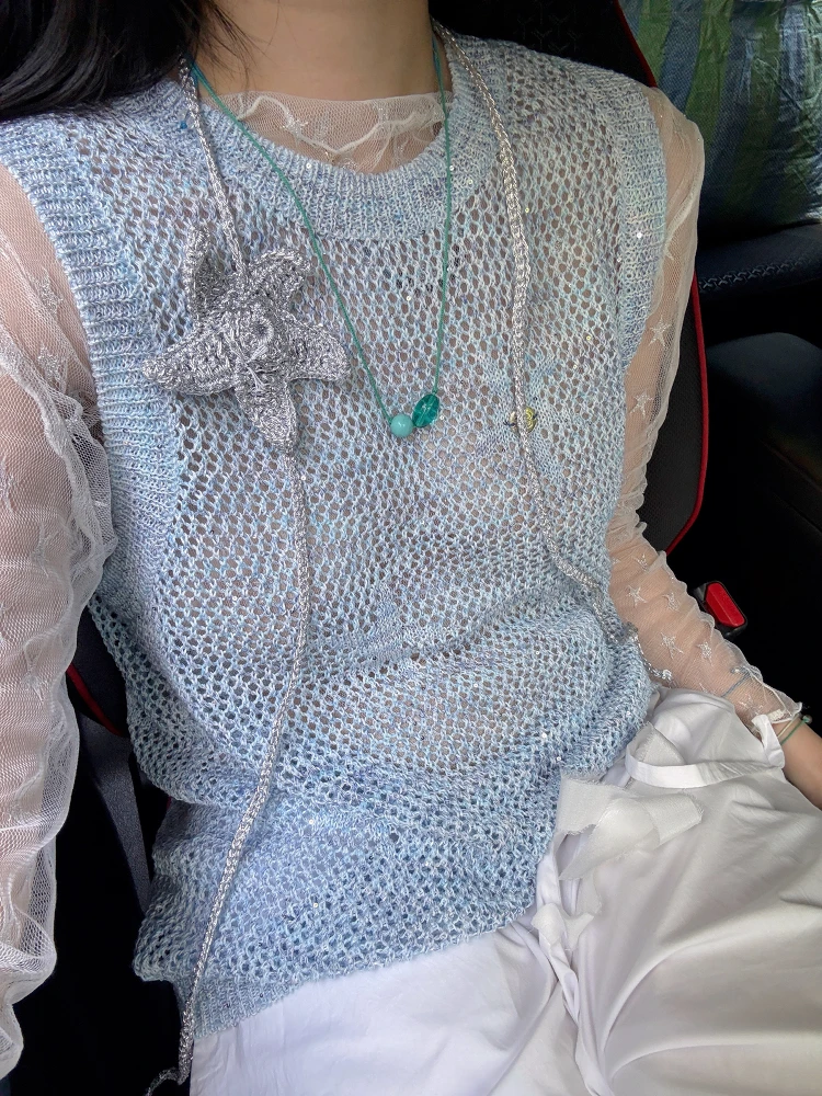 

Blue Star Embroidery Linen Me See-tough Summer Tank Top Original Design Luxury Beads Vest Women's Outerwear Summer 2025