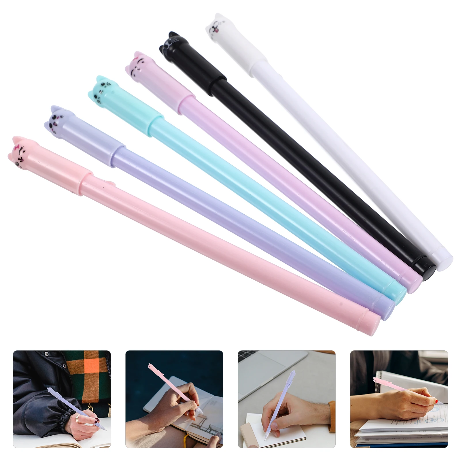 6 Pcs Creative Stationery Pen Cap Cat Gel Pens Writing Ink Cartoon Kawaii Lovely Appearance Smooth Writing Good For Notes Study