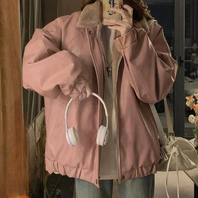 Pink thickened and fleece-lined PU leather jacket for women, winter 2025 vintage loose-fitting warm cotton coat