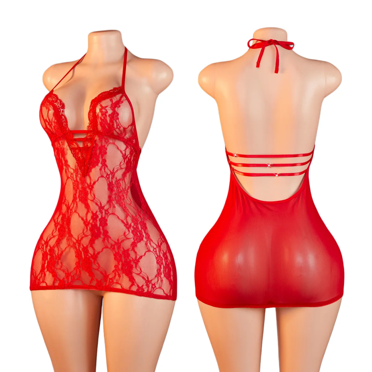 Women's Red Lace Halter Chemise Sheer Mesh Open Back Mini Lingerie Dress For Party Sexy Deep V-Neck Babydoll Nightgown-316