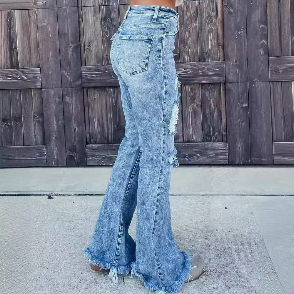 Europe and The United States Broken Hole Fringe Bell-bottoms Jeans, Women's Spring Autumn Slim-fit Slightly Flared Pants Jeans