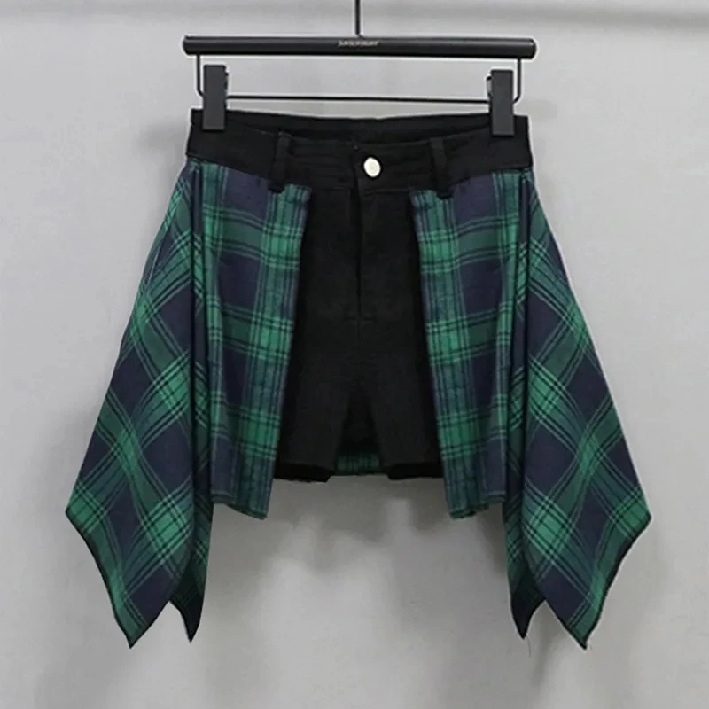

Plaid Patchwork Denim Shorts Women Streetwear 2025 New High-waisted Elastic Slim Fake two A-line hot Skirts Female Short Jeans