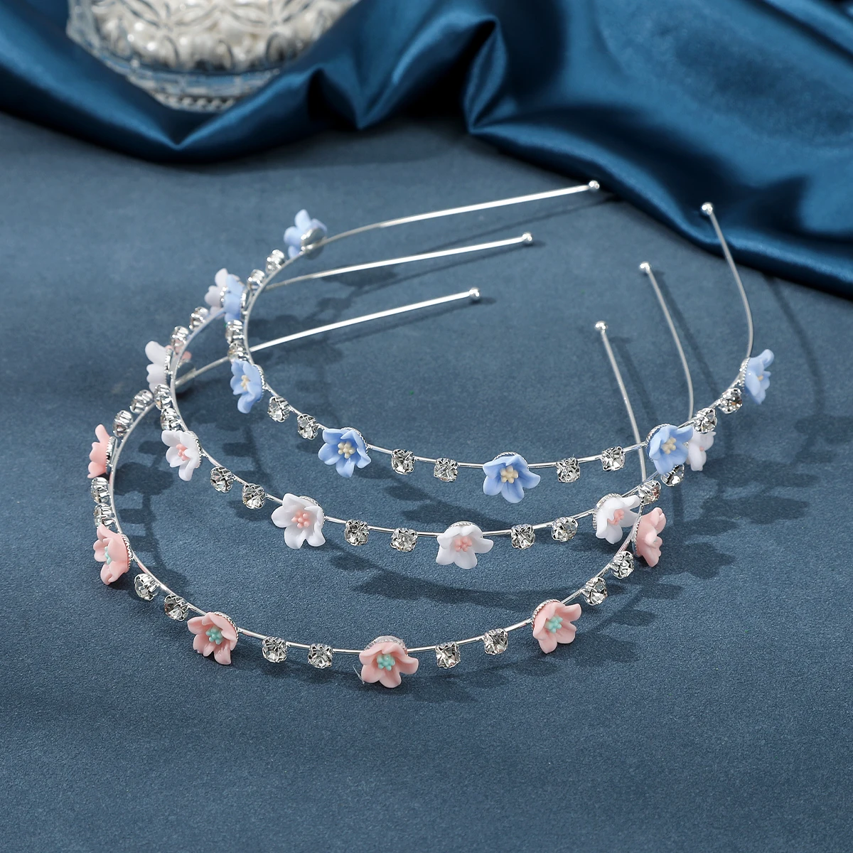 Flower Thin Headband Pink Romantic Rhinestone Hair Hoops Band French Temperament Headbands Hair Band Women Bezel Headwear