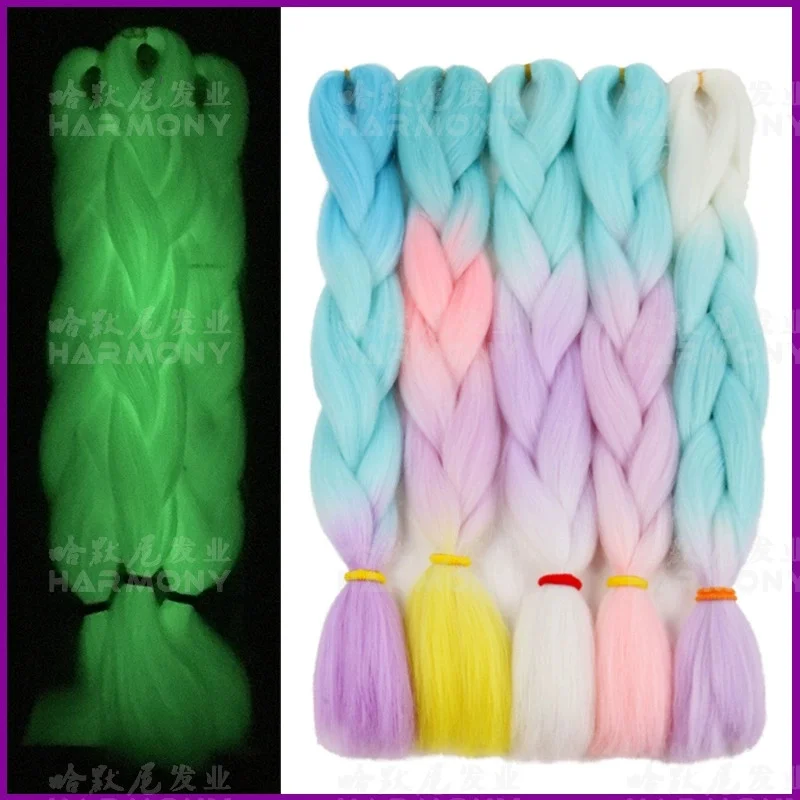 Syntetyczne włosy do zaplatania, fluorescencyjne, świecące w ciemności, jumbo box braids dla kobiet, do szydełkowania, cosplay, włókno wysokotemperaturowe.