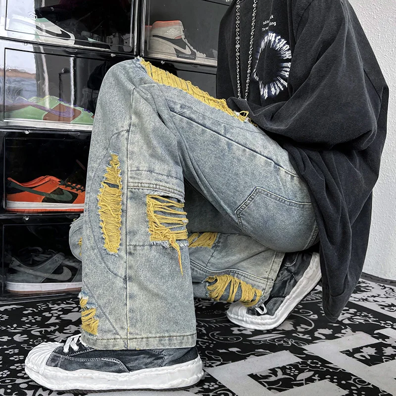 2023 Autumn Streetwear Men Jeans Pants With Hole Korean Version Fashion Straight Denim Wide Leg Trousers