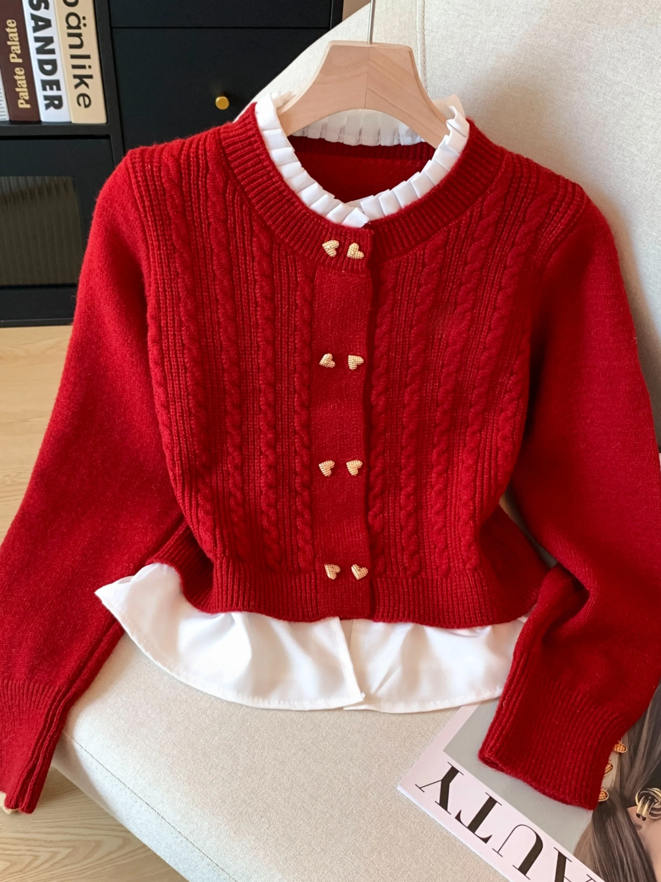 

Warm Knitted Cardigan Women's Autumn Winter Faion Design Collar Stand Collar Sve Long Double Breasted Button Embroidery