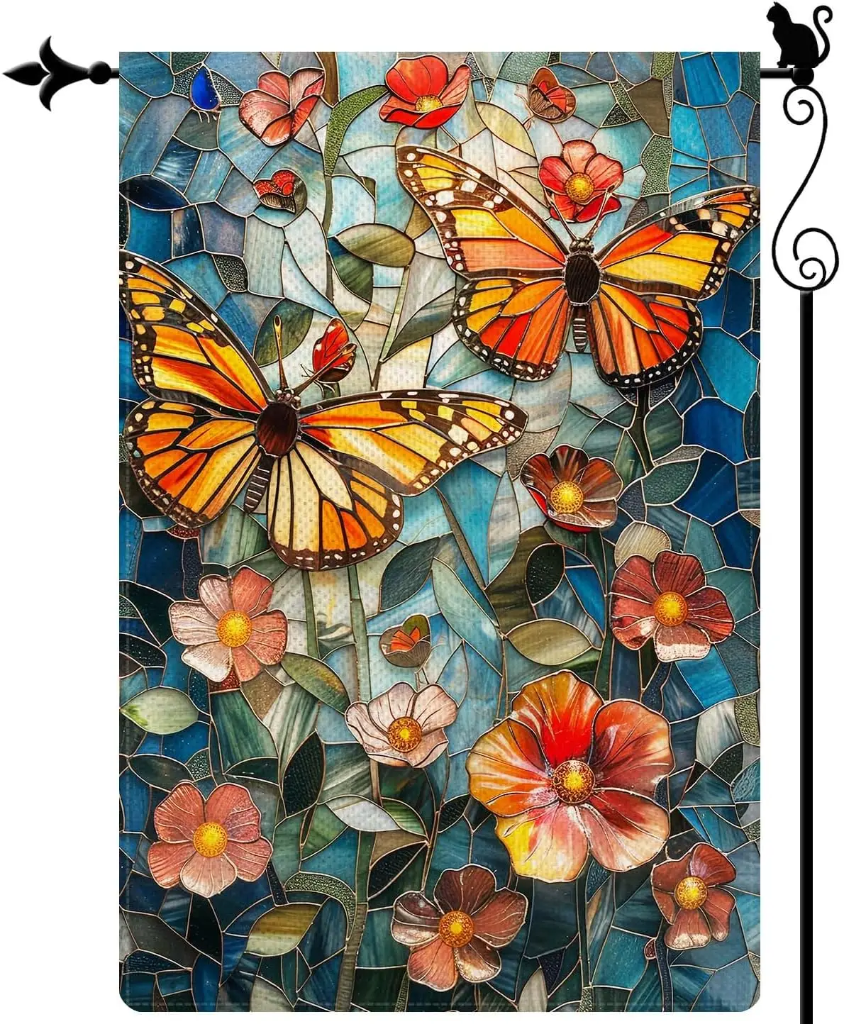 Gormcore Butterflies Among Flowers and Plants, Stained Glass Mural Spring Summer Garden Flag Vertical Double Sided Garden Flag S