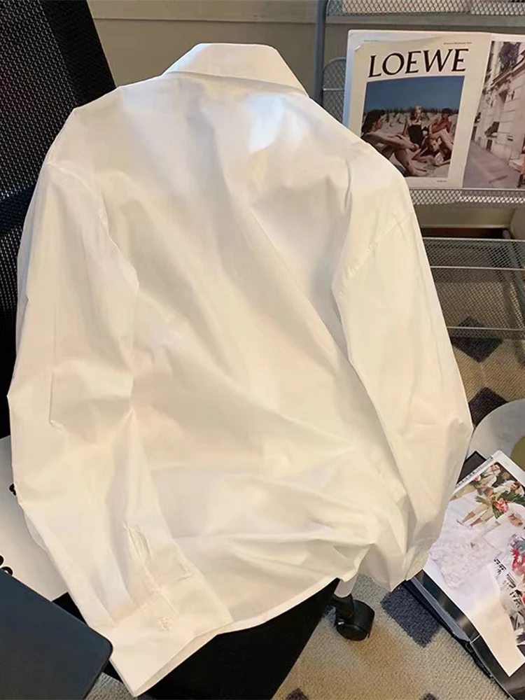 Chemises et chemisiers blancs à col polo pour femmes, esthétique des années 90, vintage, coréen, élégant, Y2K, chemise imprimée à manches longues, vêtements, 2000, 2024