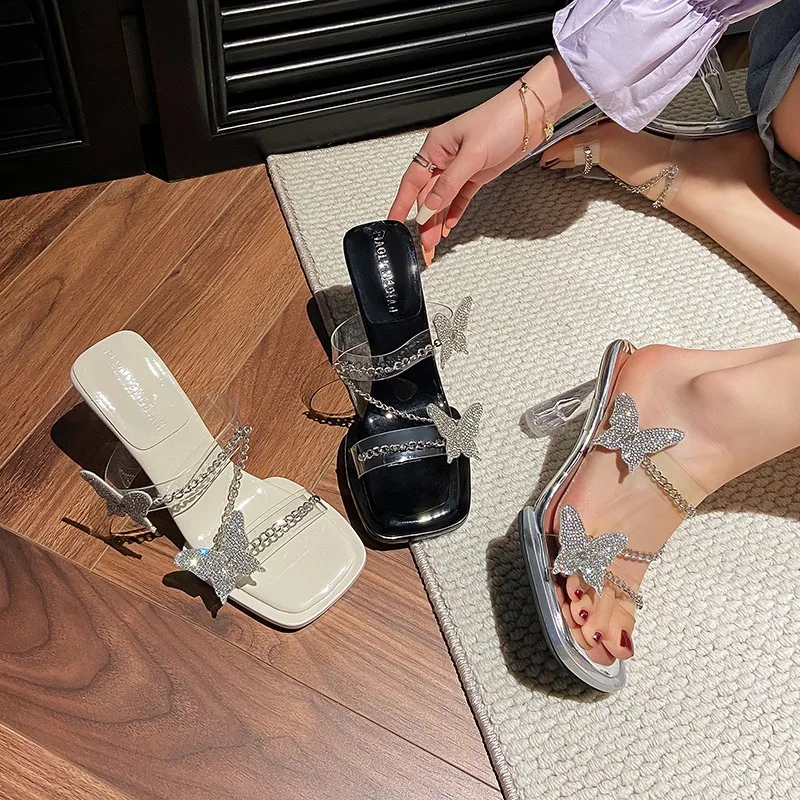 Fashion Glitter Sliding Slippers for Women 2026 Butterfly Fruit Frozen Crystal High Heels Women's Shoes Pantuflas De Mujer