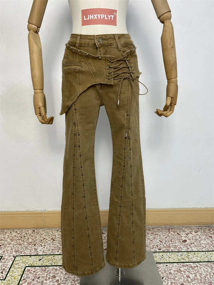 Women's Splicing Fake Two Piece Khaki Flare Pants Skinny Girl Retro Streetwear Female Fashion High Waist Rivet Bell-bottom Pants