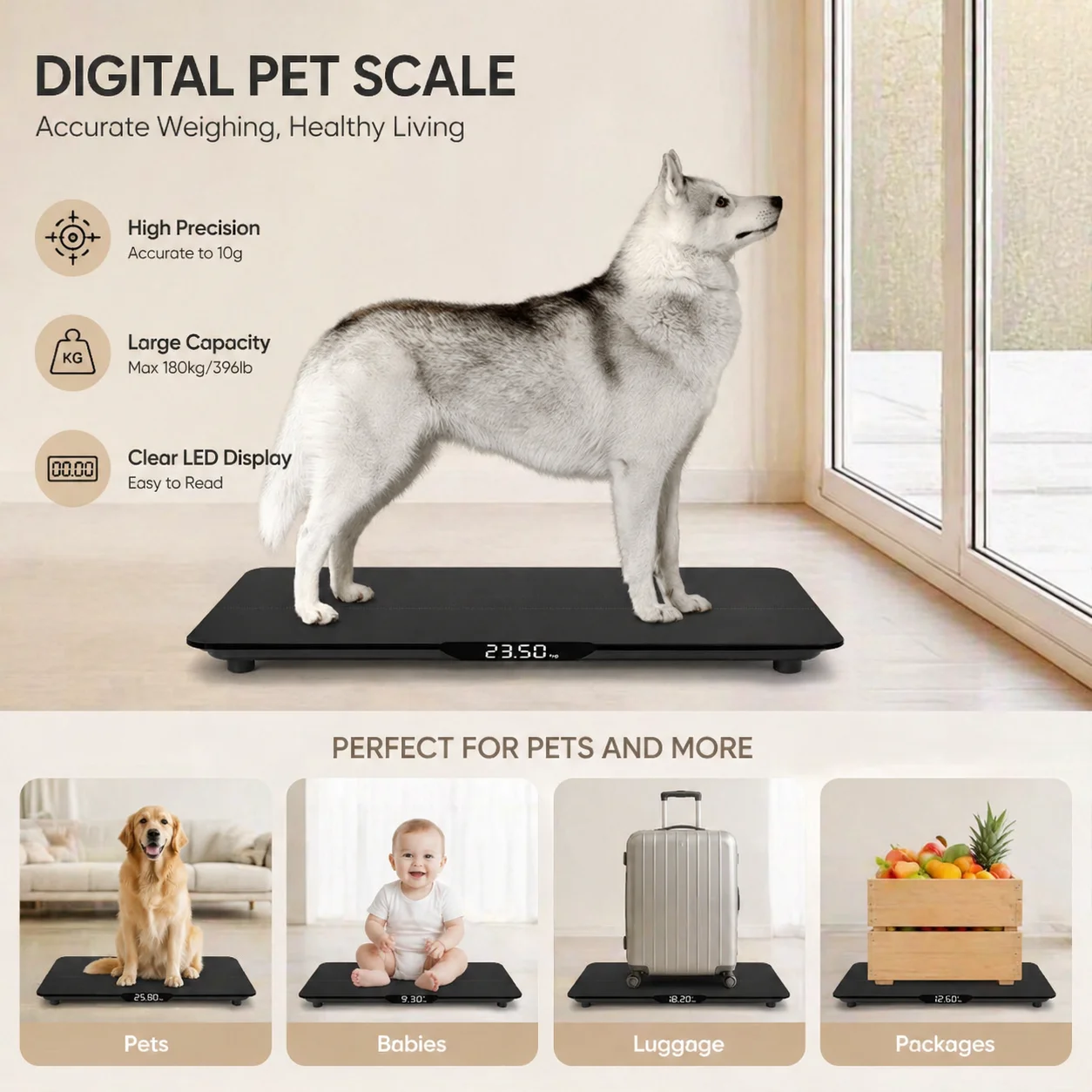 Báscula Digital Negra para Mascotas, Perros y Gatos, 10g de Alta Precisión, 100kg, Pantalla LED, Recargable por USB, para Animales Pequeños