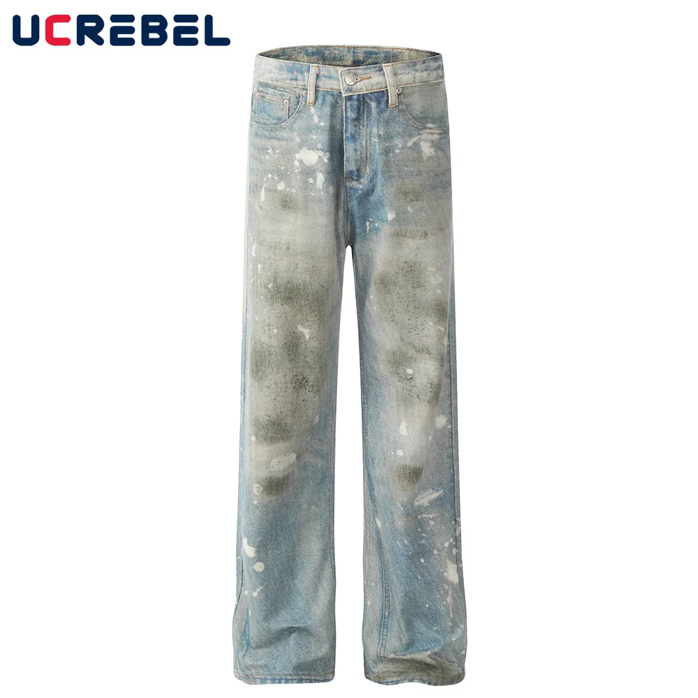 Splash ink Washed Distressed Denim Pants Mens High Street Straight Loose Wide leg Pocket Jeans Men