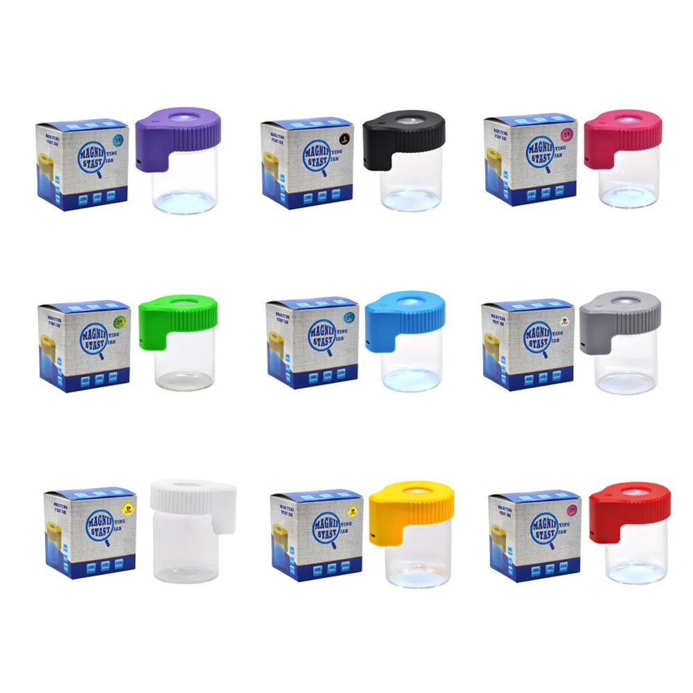 Portable Cigarette Storage Jar with Magnifier Lid LED Luminous Light Transparent Glass Container Dry Herb Spice Tobacco Airtight