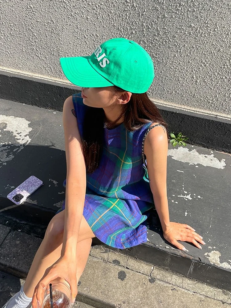 

Summer Chic Vintage Plaid Color Blo Loose Svel Vest Dr ort Skirt Women's Faion Korean Sle Loose Waist Design