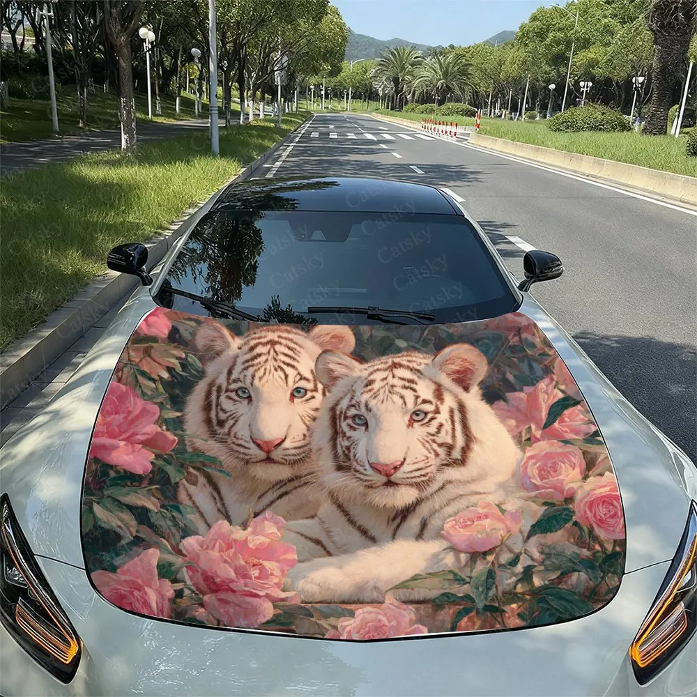Pink Rose And White Tiger Pattern Car Hood Stickers, Easy To Remove And Durable Car Parts, PVC Material Hood Stickers, Self-adhe