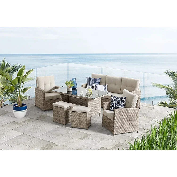 Custom 6 Piece Rattan Outdoor Lounge Dining Furniture Patio Set Furniture Sofa