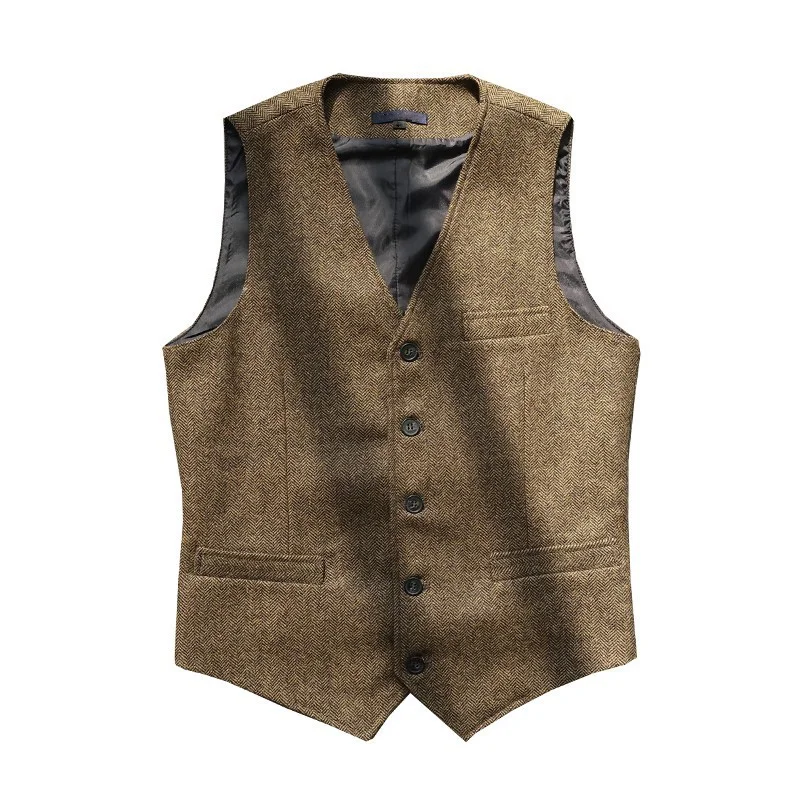 

Peaky Blinders Heavy-Duty Autumn and Winter Wool Tweed Herringbone British Retro Coffee-Colored Vest