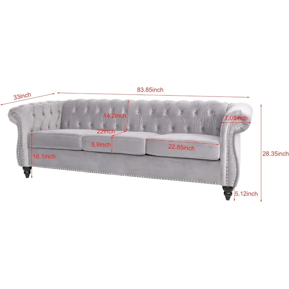 3 Seater Couch Furniture, Deep Button Tufted Chesterfield Velvet Sofa with Scroll Arms, Sofa Couches for Living Room