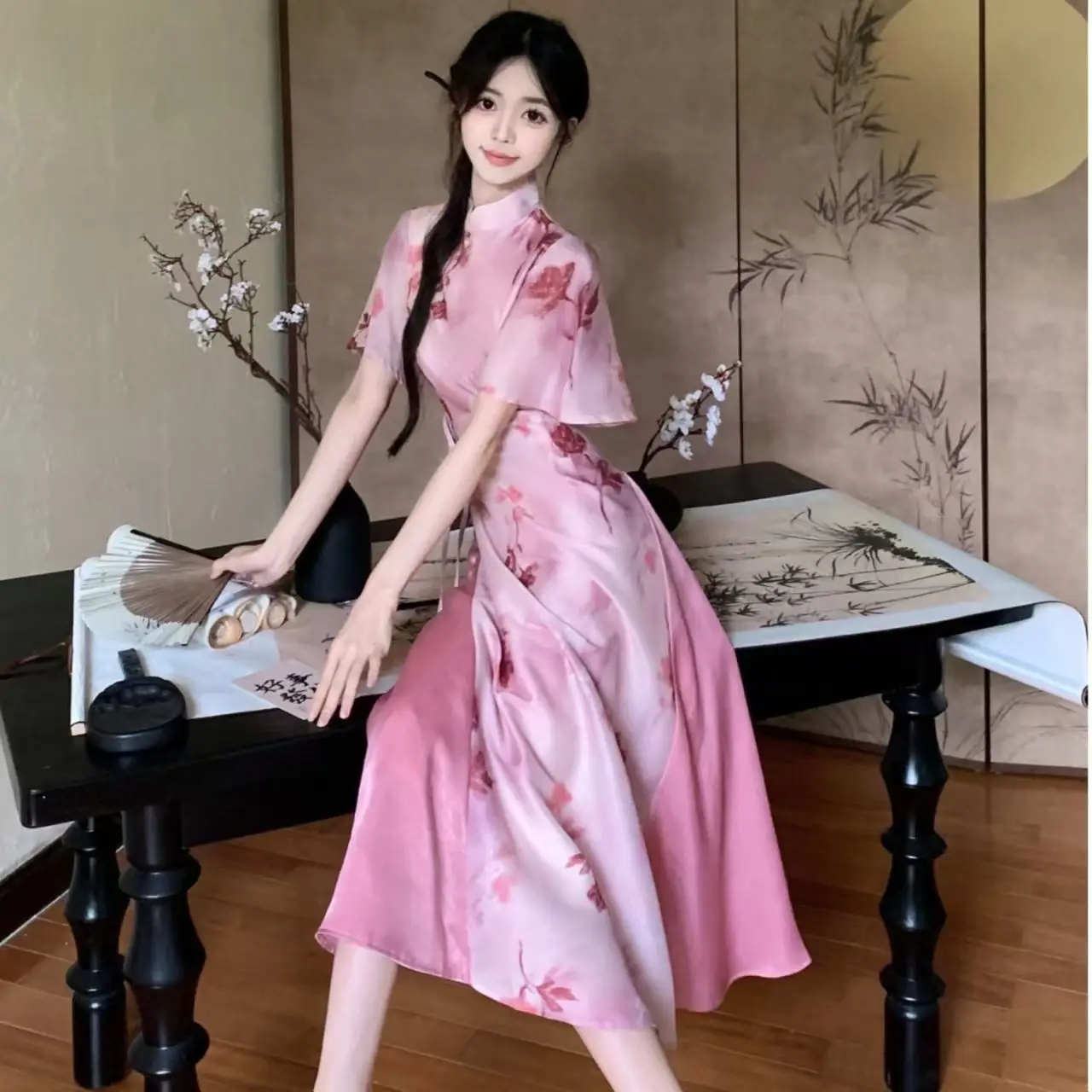 

Новое женское летнее платье 2026 года: повседневное, элегантное, ретро, розовое, в китайском стиле, с коротким рукавом, приталенное, для молодых женщин