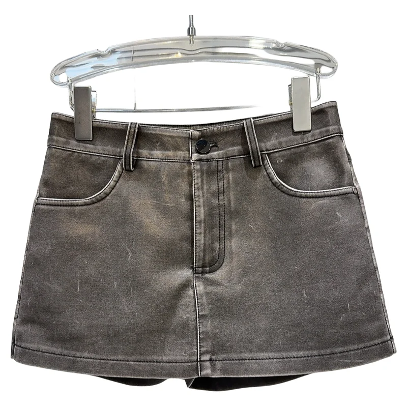 レトロなウェイドレザーの女性用スカート、アメリカンスタイルのトレンディなミモレ丈Aラインスカート、スタンドフィット、デイリーウェア、2025年冬