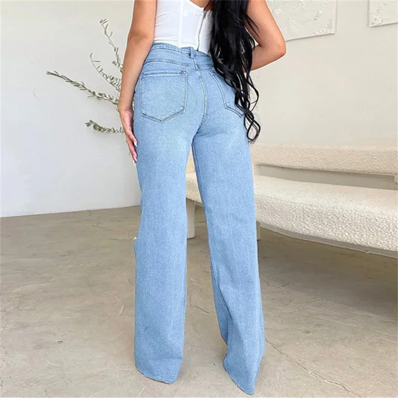 New Knee Broken Holes Hollow Out Jeans dritti donna vita alta bottone Splicing pantaloni in Denim pantaloni Casual a gamba larga femminili