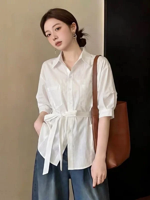 

Elegant V-neck Short-sleeved Shirt Women's plus Size Belted Waist Midi Top Korean Style Commute Fashion Loose Fit Summer New