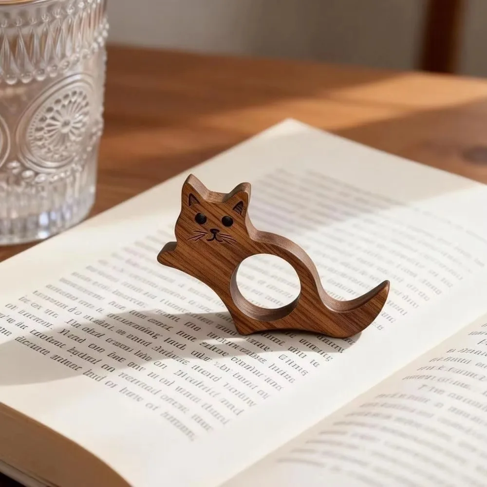 One Hand Operation Thumb Page Holder Page Turning Fixed Fast Reading Aid Wooden Cat Bookmark Finger Hole Portable