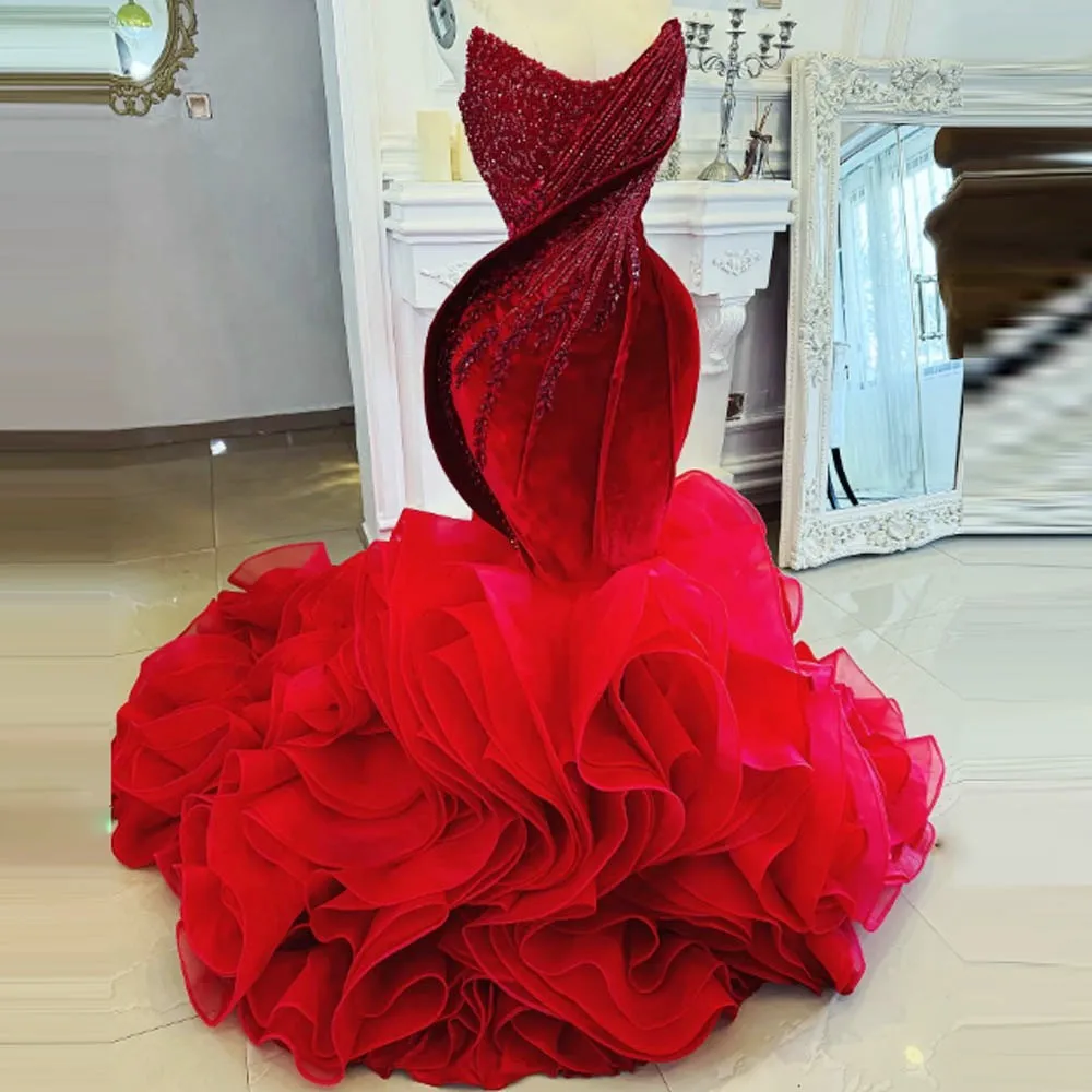 Pretty Red Mermaid Evening Dresses Ruffles Bottom Beads Sequins Custom Made Wedding Guest Gowns Plus Size Aso Ebi Prom Dress