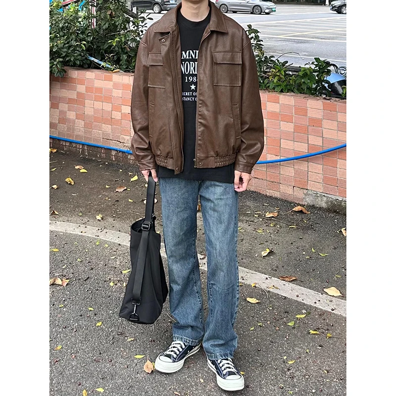 

Retro Japanese Sle Blue Straight Leg Men's Jeans High Street Trendy Long Pants Autumn Season Polyester Fiber Zipper Closure