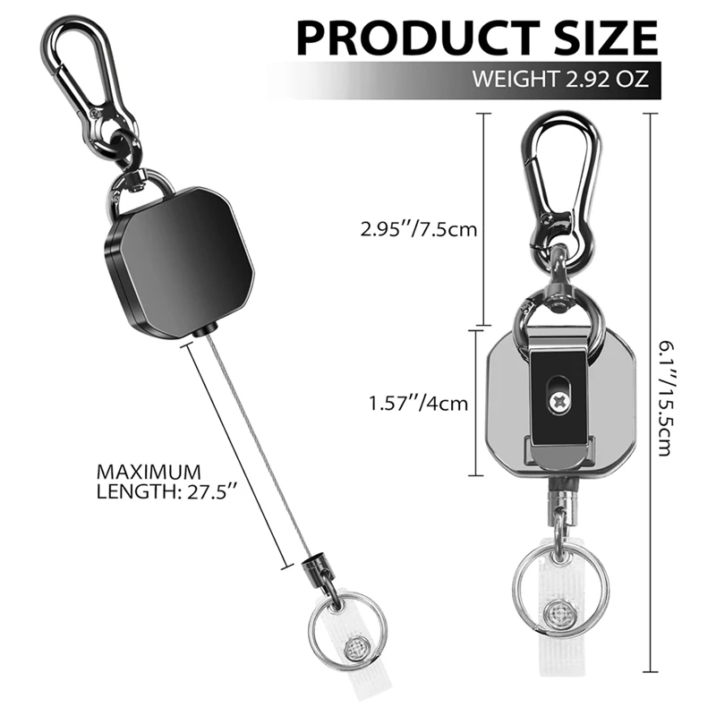 Retractable Keychain Key Chain Heavy Duty Metal ID Badge Holder Key Reel, Carabiner Keychain With Belt Clip, 27.5Inch Steel Cord