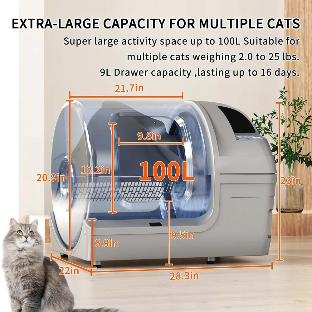 Cat Litter Box Self Cleaning 100L Extra Large Cat Litter Box with APP Control & Safe Alert & Smart Health Monitor