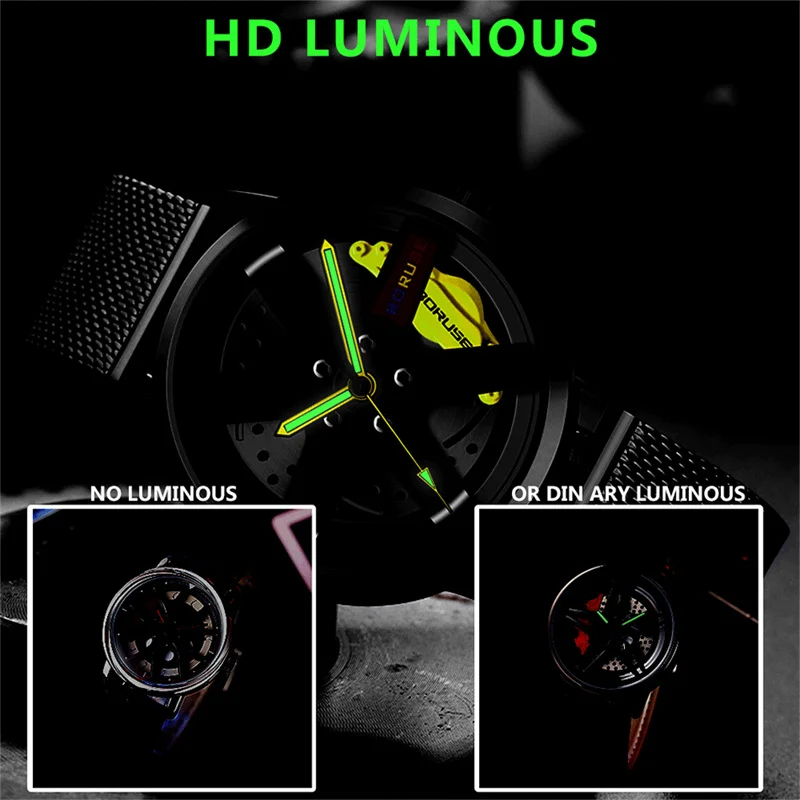 BORUSE Fashion Mens Car Wheel Watches Luminous Clock Luxury Men Mesh Belt Waterproof Quartz Watch relogio masculino