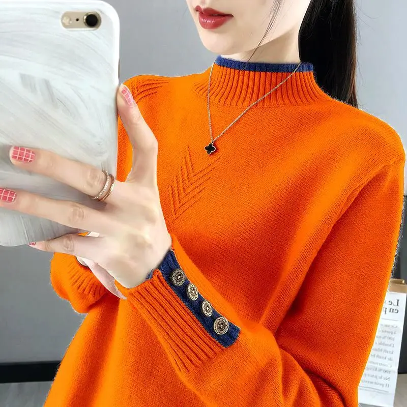 Autumn Winter New Women\'s Pullovers Color Block Half High Collar Button Fashion Loose Foreign Style Long Sleeve Sweaters Tops