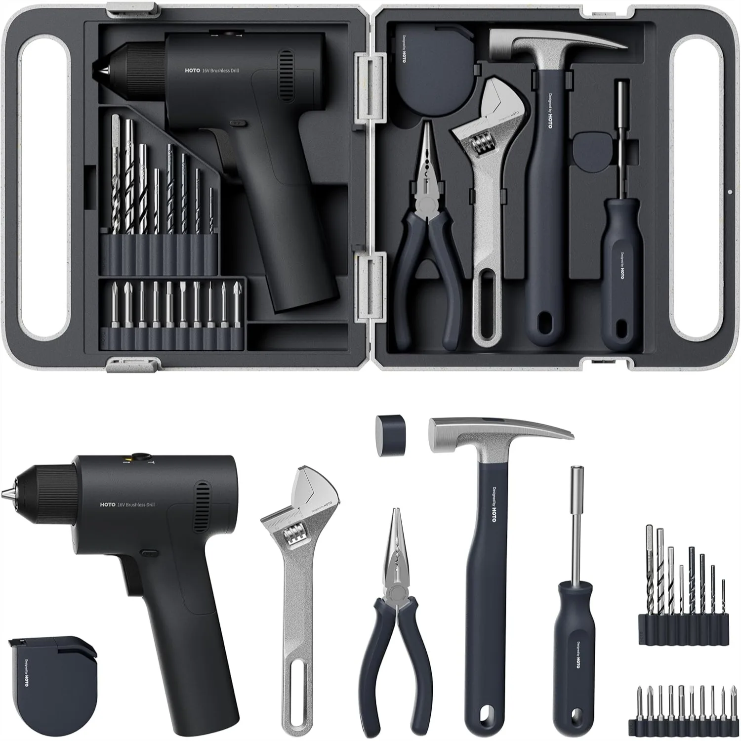 

25-Piece Household Tool Kit with 16V Brushless Drill, 50 N·m Torque, Smart Display, LED Light, Hammer, Wrench, Pliers, Bits
