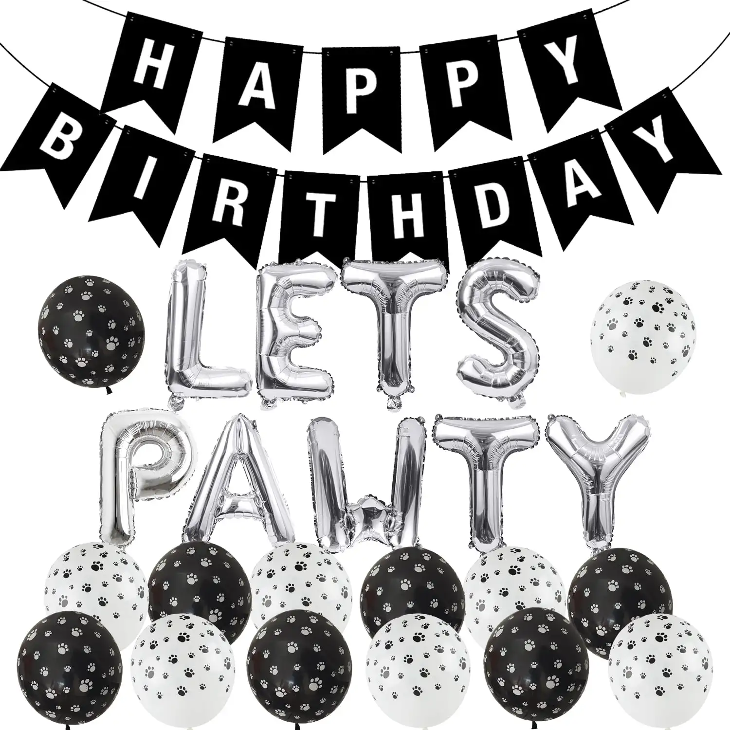 Pet Birthday Party Decorations for Puppy and Dog, Silver and Black Lets, Pawty Foil Balloon, Happy Birthday Banner, Paw Printed