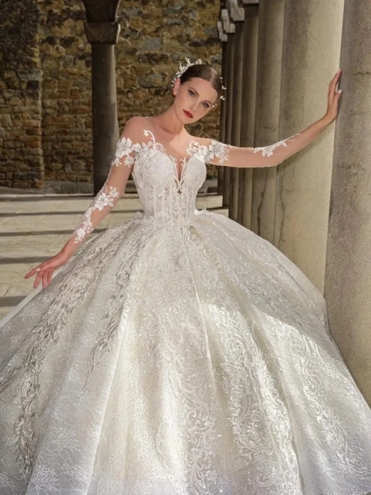 Vestido de Boda de Princesa de manga larga de encaje de lujo personalizado, calcomanía, vestido de baile nupcial, corte en A, personalización de vestido de novia